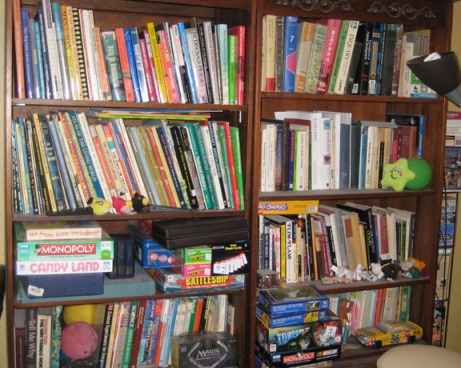Books mostly on fossils and evolution, though the cases also have been invaded by board games.